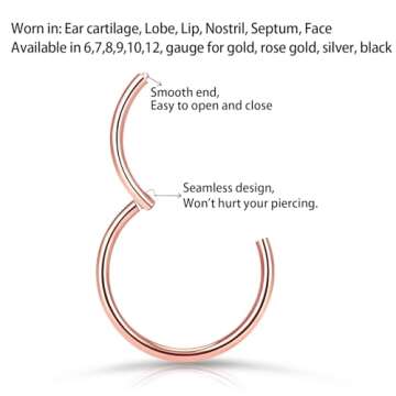 PIERCINGBOY 18G 8mm Titanium Nose Rings 18 Gauge Nose Rings Hoops Rose Gold Septum Nose Rings for Wo...