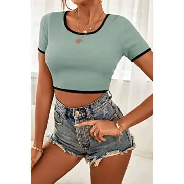 Womens Short Sleeve Crop Tops Solid Mock Neck T Shirt Lightweight Basic Tight Tees Blue Green Small