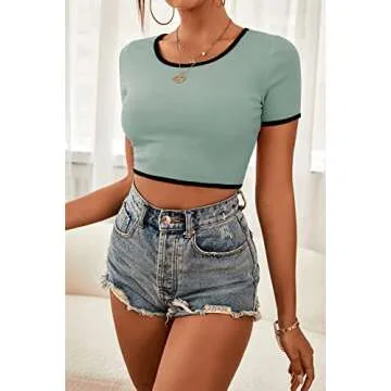 Womens Short Sleeve Crop Tops Solid Mock Neck T Shirt Lightweight Basic Tight Tees Blue Green Small