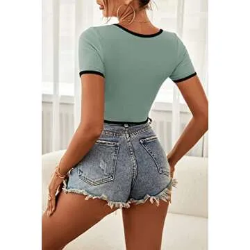 Womens Short Sleeve Crop Tops Solid Mock Neck T Shirt Lightweight Basic Tight Tees Blue Green Small
