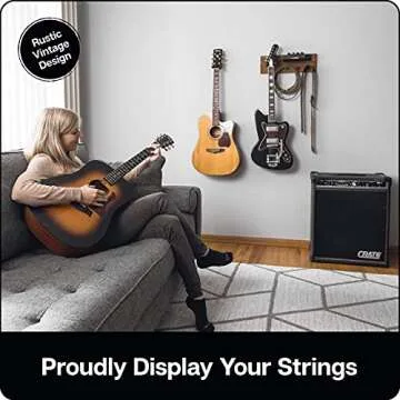 ZUR Premium Guitar Stand: Handcrafted in USA, Fits All Guitars, Top Quality Wood, Steel & Leather, Fits 16" Wall Studs Spacing, Guitar Hanger for Guitar Accessories, Guitar Pick Holder, Preassembled