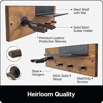 ZUR Premium Guitar Stand: Handcrafted in USA, Fits All Guitars, Top Quality Wood, Steel & Leather, Fits 16" Wall Studs Spacing, Guitar Hanger for Guitar Accessories, Guitar Pick Holder, Preassembled
