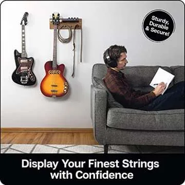 ZUR Premium Guitar Stand: Handcrafted in USA, Fits All Guitars, Top Quality Wood, Steel & Leather, Fits 16" Wall Studs Spacing, Guitar Hanger for Guitar Accessories, Guitar Pick Holder, Preassembled