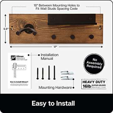 ZUR Premium Guitar Stand: Handcrafted in USA, Fits All Guitars, Top Quality Wood, Steel & Leather, Fits 16" Wall Studs Spacing, Guitar Hanger for Guitar Accessories, Guitar Pick Holder, Preassembled