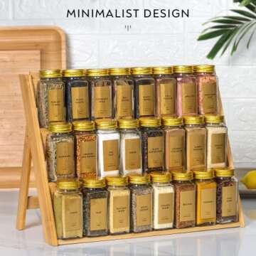 Laramaid 4oz 24Pack Glass Jars with 640 Minimalist Gold Vinyl Spice Labels, Shaker Lids Dispenser with Airtight Gold Metal Caps, White Pen, Cleaning Brush and Funnel