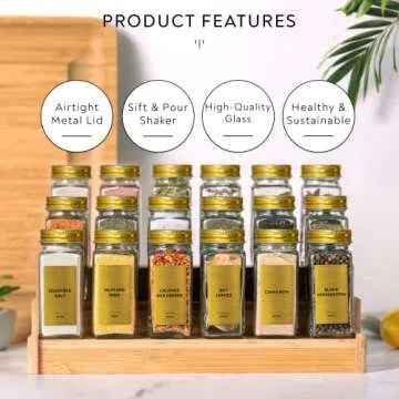 Laramaid 4oz 24Pack Glass Jars with 640 Minimalist Gold Vinyl Spice Labels, Shaker Lids Dispenser with Airtight Gold Metal Caps, White Pen, Cleaning Brush and Funnel