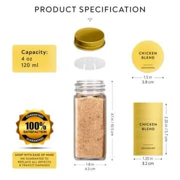 Laramaid 4oz 24Pack Glass Jars with 640 Minimalist Gold Vinyl Spice Labels, Shaker Lids Dispenser with Airtight Gold Metal Caps, White Pen, Cleaning Brush and Funnel