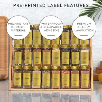 Laramaid 4oz 24Pack Glass Jars with 640 Minimalist Gold Vinyl Spice Labels, Shaker Lids Dispenser with Airtight Gold Metal Caps, White Pen, Cleaning Brush and Funnel