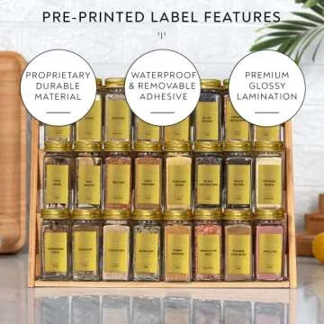 Laramaid 4oz 24Pack Glass Jars with 640 Minimalist Gold Vinyl Spice Labels, Shaker Lids Dispenser with Airtight Gold Metal Caps, White Pen, Cleaning Brush and Funnel