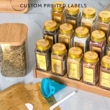 Laramaid 4oz 24Pack Glass Jars with 640 Minimalist Gold Vinyl Spice Labels, Shaker Lids Dispenser with Airtight Gold Metal Caps, White Pen, Cleaning Brush and Funnel