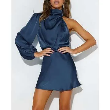 Ferlema Women's Satin Cocktail Dresses Mock Neck One Shoulder Long Sleeve High Waist Wedding Guest Mini Dress Navy Blue Large
