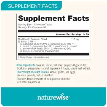 NatureWise Oral Probiotics for Teeth & Gums & Fresh Breath* - Chewable Sugar-Free Mint Tablet - Dental Support for Kids & Adults w/ BLIS K12 & M18 - Non-GMO - 50 Count[50-Day Supply]