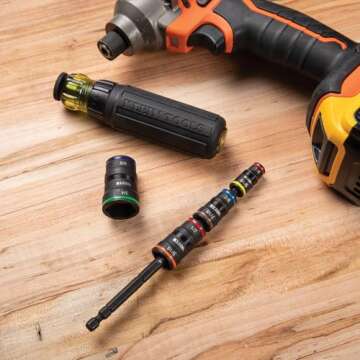 Klein Tools 32934 Impact Driver, 9-in-1 SAE Impact Socket Set, 4 Flip Sockets with 1/4, 5/16, 3/8, 7/16, 1/2, 9/16, 5/8, and 3/4-Inch Nut Driver Sizes with Bit Holder, 6-1/2-Inch Shaft