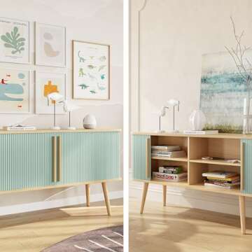 WERMO 53'' Blue Cabinet with Doors and Shelves - Credenza, Modern Media Console Table with Storage, Blue Sideboard Storage Accent Cabinet for Living Room, Office, Entryway and Bedroom (Oak)