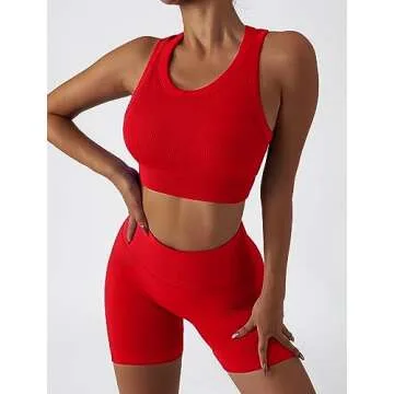 ABOCIW Workout Sets for Women 2 Piece Summer Outfits Seamless Ribbed Tank Top Sport Bra Tummy Control High Waist Biker Shorts Sets GYM Yoga Exercise Outfits Red Large