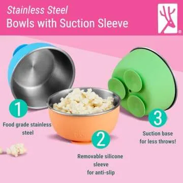 Elk and Friends Stainless Steel Bowls with Silicone Sleeve for Babies & Toddlers | Lids Included | Stay Put Suction | Cereal & Snack Bowls | 4 Pack