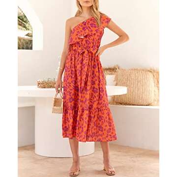 BTFBM Women's One Shoulder Maxi Dress Sleeveless Casual Summer Layered Ruffle Boho Floral Print Part...