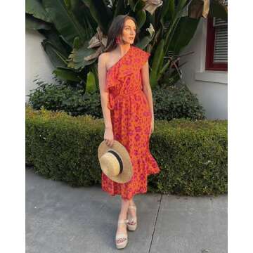 BTFBM Women's One Shoulder Maxi Dress Sleeveless Casual Summer Layered Ruffle Boho Floral Print Party Beach A-Line Dresses(Floral Orange Purple, Small)