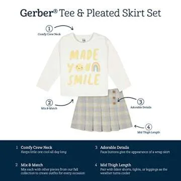 Gerber Baby Girls Toddler 2-piece Long-sleeve Tee Pleated Shirt & Skirt Set, Smile Plaid, 5T US
