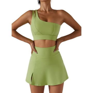 High Waist Tennis Skirt Set with One Shoulder Sports Bra