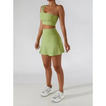 High Waist Tennis Skirt Set with One Shoulder Sports Bra