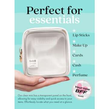 Embla Clear Cosmetic Bag Makeup Case, Clear Zipper Make Up Pouch and Toiletry Travel Tote, Cute Skincare Pouches for Women Girls, Preppy Purse Cosmetic Organizer, Mini Makeup Bags, White