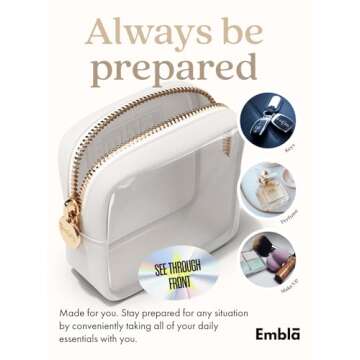 Embla Clear Cosmetic Bag Makeup Case, Clear Zipper Make Up Pouch and Toiletry Travel Tote, Cute Skincare Pouches for Women Girls, Preppy Purse Cosmetic Organizer, Mini Makeup Bags, White