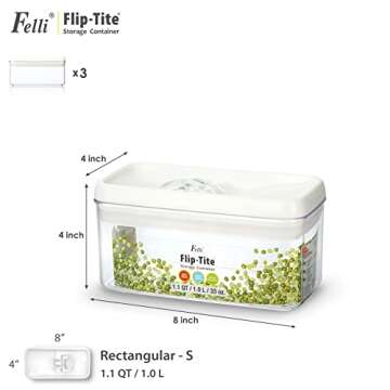 Felli Flip Tite Food Storage Container with Lid 4” RECTANGULAR Airtight Lock Top, Stackable Plastic Kitchen Canister Jar for Fridge Pantry Drawer Organization, Veggie Fruit Tea Bag Organizer (1.1 qt)