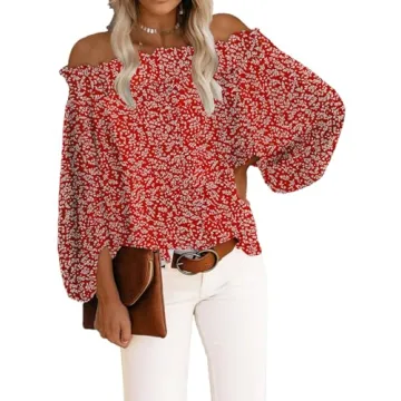 BLENCOT Women's Chiffon Off Shoulder Top - Cute 3/4 Lantern Sleeve Blouse