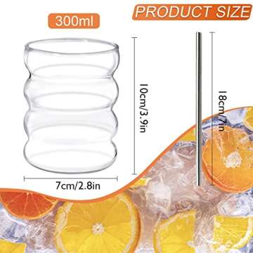 INFTYLE Ribbed Drinking Glasses with Straws, Set of 4, 300ml Iced Coffee Glases, Wave Tumblers, Wate...