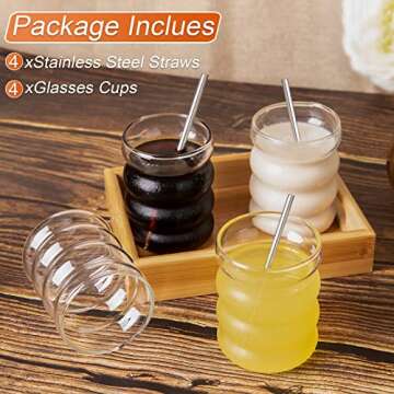 INFTYLE Ribbed Drinking Glasses with Straws, Set of 4, 300ml Iced Coffee Glases, Wave Tumblers, Water and Cocktail Glasses, Gift with Brush