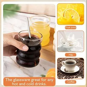 INFTYLE Ribbed Drinking Glasses with Straws, Set of 4, 300ml Iced Coffee Glases, Wave Tumblers, Water and Cocktail Glasses, Gift with Brush