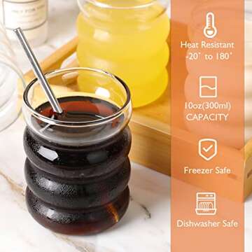 INFTYLE Ribbed Drinking Glasses with Straws, Set of 4, 300ml Iced Coffee Glases, Wave Tumblers, Water and Cocktail Glasses, Gift with Brush