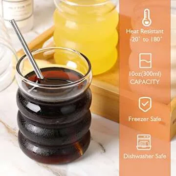 INFTYLE Ribbed Drinking Glasses with Straws, Set of 4, 300ml Iced Coffee Glases, Wave Tumblers, Water and Cocktail Glasses, Gift with Brush