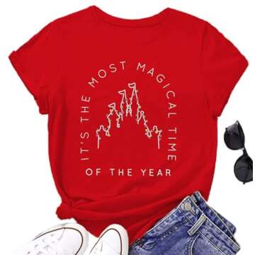 Merry Christmas Shirt Women Xmas Lights Castle Graphic Tops Tee Casual Short Sleeve Holiday T Shirt ...