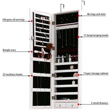 FDW Jewelry Cabinet 47.3" H Wall/Door Mounted Lockable Jewelry Armoire Organizer with Mirror With 2 Drawers 6 Shelves 43.3"×10.6" Mirror High Capacity Jewelry Organizer (White)