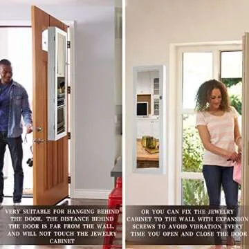 FDW Jewelry Cabinet 47.3" H Wall/Door Mounted Lockable Jewelry Armoire Organizer with Mirror With 2 Drawers 6 Shelves 43.3"×10.6" Mirror High Capacity Jewelry Organizer (White)