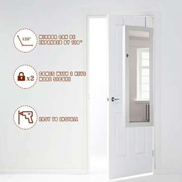 FDW Jewelry Cabinet 47.3" H Wall/Door Mounted Lockable Jewelry Armoire Organizer with Mirror With 2 Drawers 6 Shelves 43.3"×10.6" Mirror High Capacity Jewelry Organizer (White)