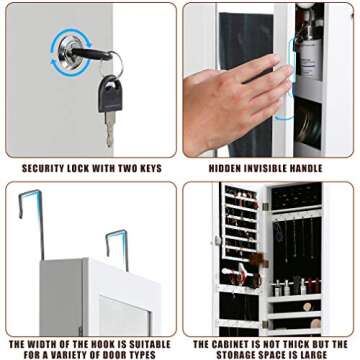 FDW Jewelry Cabinet 47.3" H Wall/Door Mounted Lockable Jewelry Armoire Organizer with Mirror With 2 Drawers 6 Shelves 43.3"×10.6" Mirror High Capacity Jewelry Organizer (White)