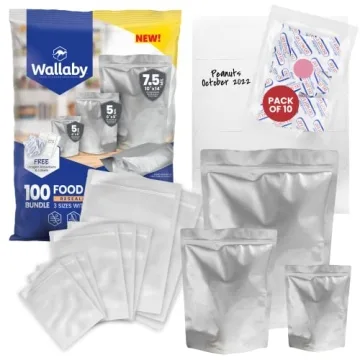 Wallaby 100 Count Mylar Bag Bundle - Multi-Size Pouches, 100x 400cc Oxygen Absorbers, 100x Labels - ...