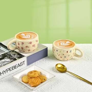 Denovin Ceramic Coffee Mug, Creative Flower Fruit Cup for Women Friends, 8.5 oz/250 ml Cute Coffee Mugs for Latte Tea Milk (Cherry and Orchid)