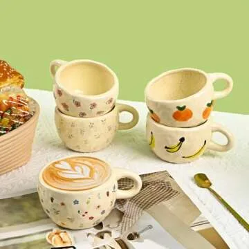 Denovin Ceramic Coffee Mug, Creative Flower Fruit Cup for Women Friends, 8.5 oz/250 ml Cute Coffee Mugs for Latte Tea Milk (Cherry and Orchid)