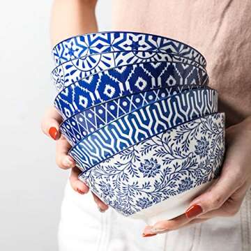 Selamica Blue and White Porcelain 20oz Cereal Bowl Set - Set of 6, 6 inch Soup Bowls, Ceramic bowls for Cereal, Soup, Salad and Pasta, Vintage Blue