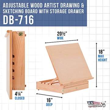 U.S. Art Supply Large 20-1/2" x 16" Adjustable Wood Art Drawing Board - 5 Angles, Beechwood Construc...