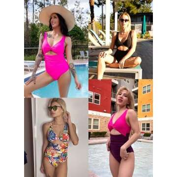 AI'MAGE Women's One Piece Swimsuit High Waisted Bathing Suit Cutout Monokini V Neck Swimwear, Fluorescent Rose Pink, XXLarge