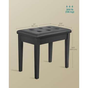 SONGMICS Piano Bench with Padded Cushion and Storage Compartment for Music Books, Vanity Stool, Tufted Wooden Piano Seat, 13.8 x 22 x 19.5 Inches, Black ULPB55H