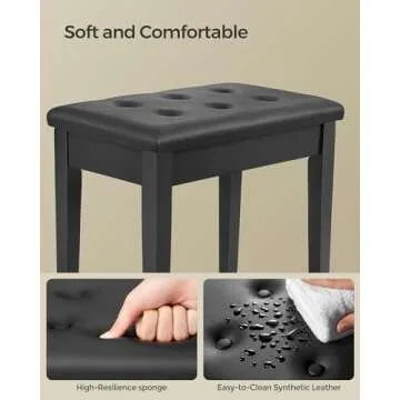 SONGMICS Piano Bench with Padded Cushion and Storage Compartment for Music Books, Vanity Stool, Tufted Wooden Piano Seat, 13.8 x 22 x 19.5 Inches, Black ULPB55H
