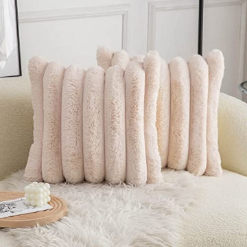 Neelvin Beige Faux Fur Cozy Soft Striped Decorative Throw Pillow Covers 18x18 inch Set of 2,Velvet P...