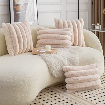 Neelvin Beige Faux Fur Striped Pillow Covers Set of 2 18x18