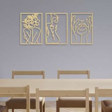 BERBERGE 3Piece Gold Wall Decor Set - Minimalist Room Metal Wall Art with 3D Hanging Design, Line Dr...